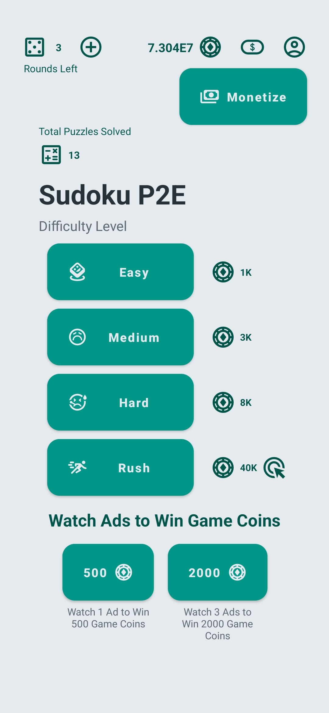 Sudoku Blitz Difficulty Selection Screen