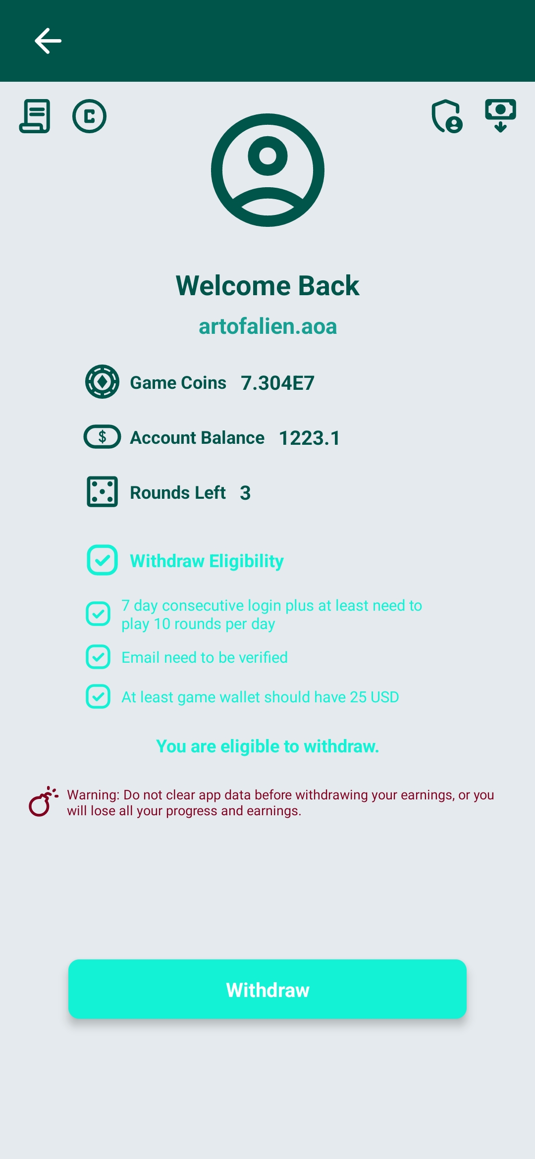 Sudoku Blitz Profile and Withdrawal Eligibility Screen